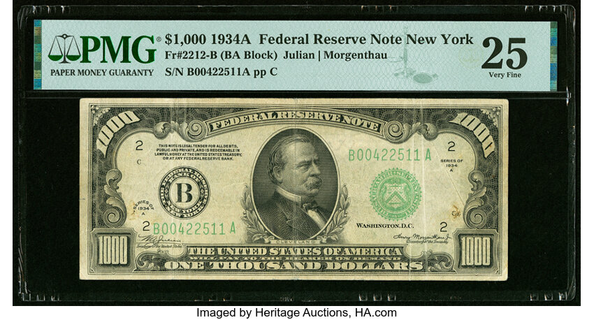 image for: Fr. 2212-B $1,000 1934A Federal Reserve Note. PMG Very Fine 25....