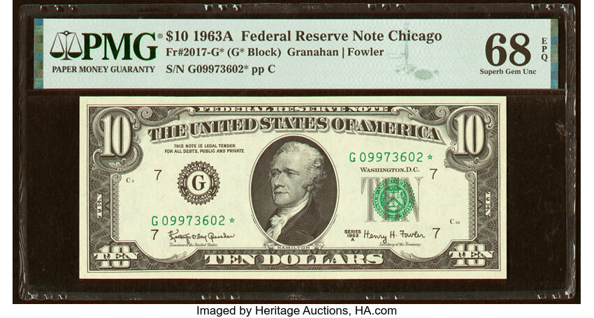 image for: Fr. 2017-G* $10 1963A Federal Reserve Star Note. PMG Superb Gem Unc 68 EPQ....