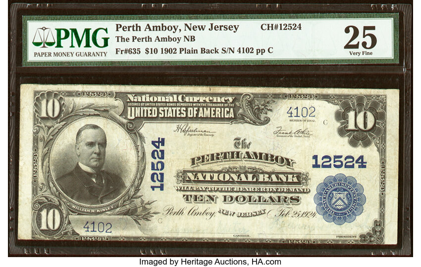 image for: Perth Amboy, NJ - $10 1902 Plain Back Fr. 635 The Perth Amboy National Bank Ch. # 12524 PMG Very Fine 25....
