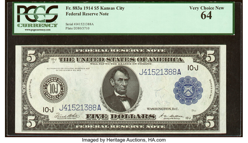 image for: Fr. 883a $5 1914 Federal Reserve Note PCGS Very Choice New 64....