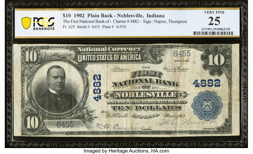 image for: Noblesville, IN - $10 1902 Plain Back Fr. 629 The First National Bank Ch. # 4882 PCGS Banknote Very Fine 25....