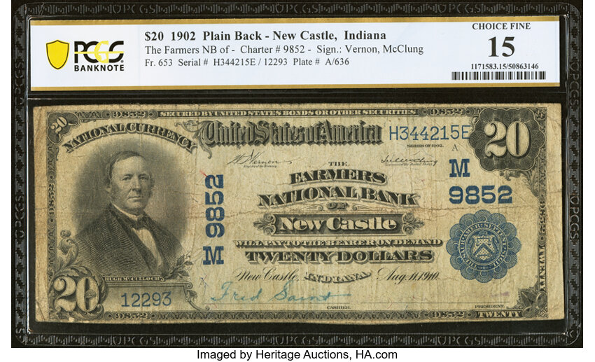 image for: New Castle, IN - $20 1902 Plain Back Fr. 653 The Farmers National Bank Ch. # (M)9852 PCGS Banknote Choice Fine 15....