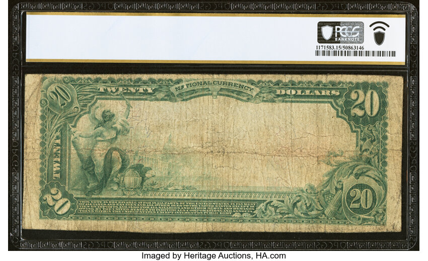image for: New Castle, IN - $20 1902 Plain Back Fr. 653 The Farmers National Bank Ch. # (M)9852 PCGS Banknote Choice Fine 15....