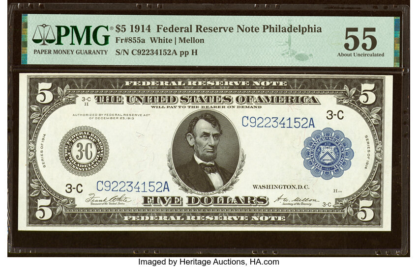 image for: Fr. 855a $5 1914 Federal Reserve Note PMG About Uncirculated 55....