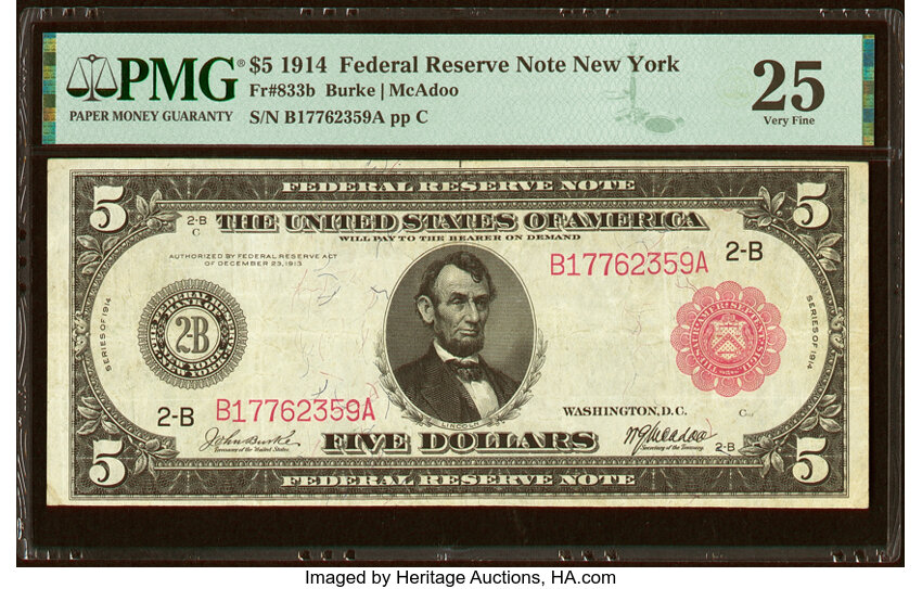 image for: Fr. 833b $5 1914 Red Seal Federal Reserve Note PMG Very Fine 25....