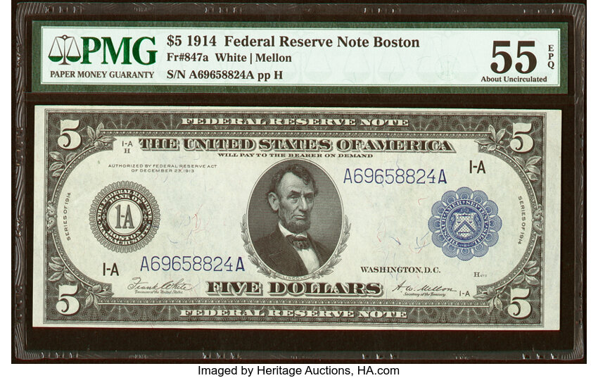 image for: Fr. 847a $5 1914 Federal Reserve Note PMG About Uncirculated 55 EPQ....