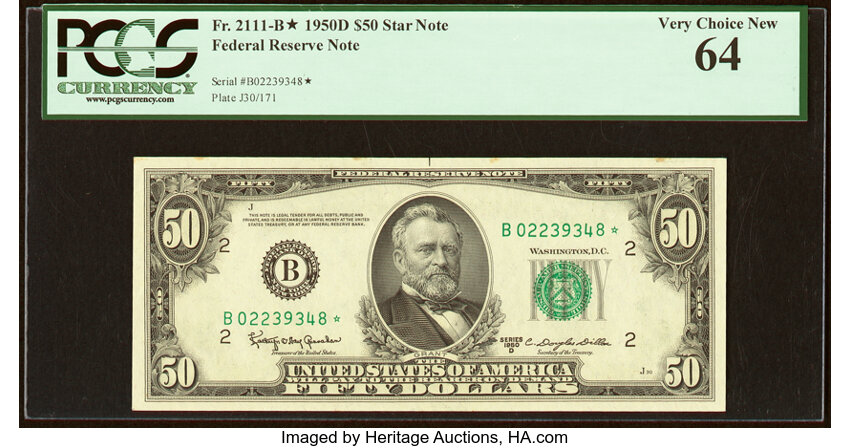 image for: Fr. 2111-B* $50 1950D Federal Reserve Star Note. PCGS Very Choice New 64....