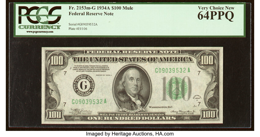 image for: Fr. 2153-G $100 1934A Mule Federal Reserve Note. PCGS Very Choice New 64PPQ....