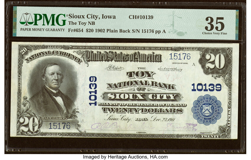 image for: Sioux City, IA - $20 1902 Plain Back Fr. 654 The Toy National Bank Ch. # 10139 PMG Choice Very Fine 35....