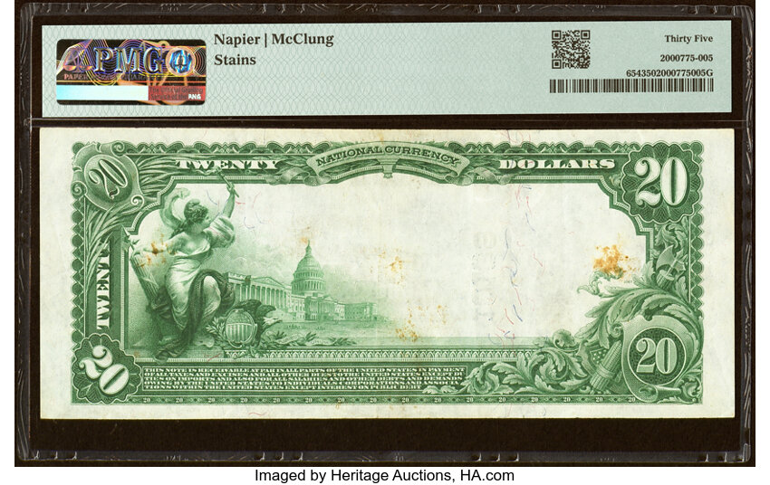 image for: Sioux City, IA - $20 1902 Plain Back Fr. 654 The Toy National Bank Ch. # 10139 PMG Choice Very Fine 35....