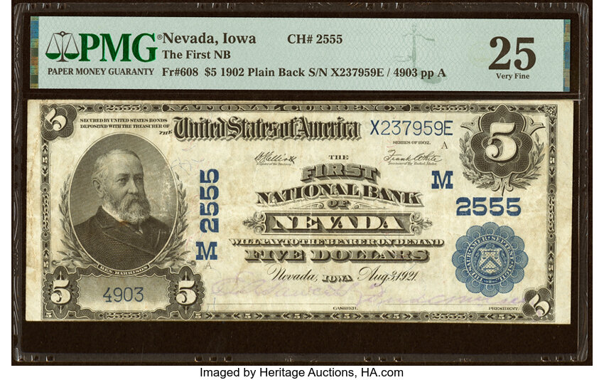 image for: Nevada, IA - $5 1902 Plain Back Fr. 608 The First National Bank Ch. # (M)2555 PMG Very Fine 25....