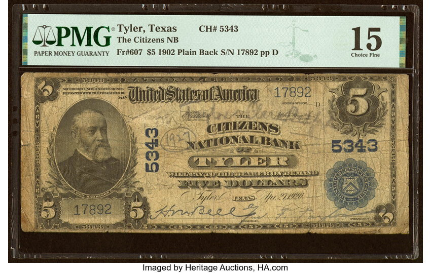 image for: Tyler, TX - $5 1902 Plain Back Fr. 607 The Citizens National Bank Ch. # 5343 PMG Choice Fine 15....
