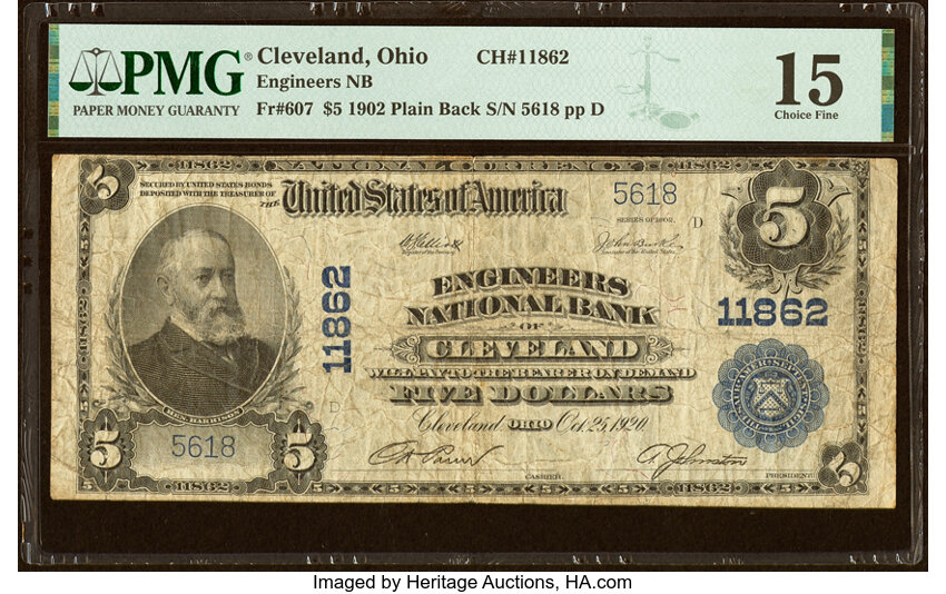 image for: Cleveland, OH - $5 1902 Plain Back Fr. 607 Engineers National Bank Ch. # 11862 PMG Choice Fine 15....