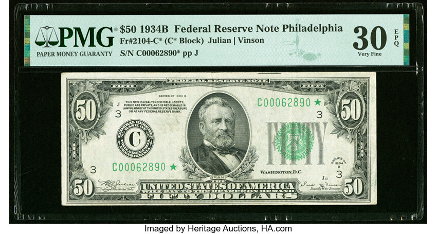 image for: Fr. 2104-C* $50 1934B Mule Federal Reserve Star Note. PMG Very Fine 30 EPQ....