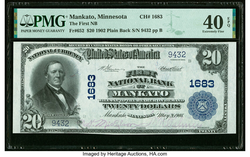 image for: Mankato, MN - $20 1902 Plain Back Fr. 652 The First National Bank Ch. # 1683 PMG Extremely Fine 40 EPQ....