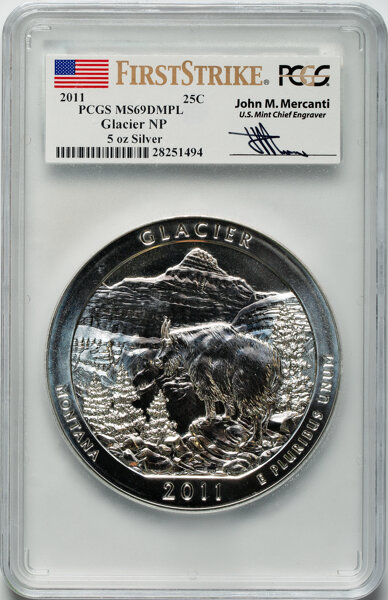 image for: 2011 25C Glacier National Park Five Ounce Silver, First Strike MS69 Deep Mirror Prooflike PCGS. Signature by, John M. Merca...