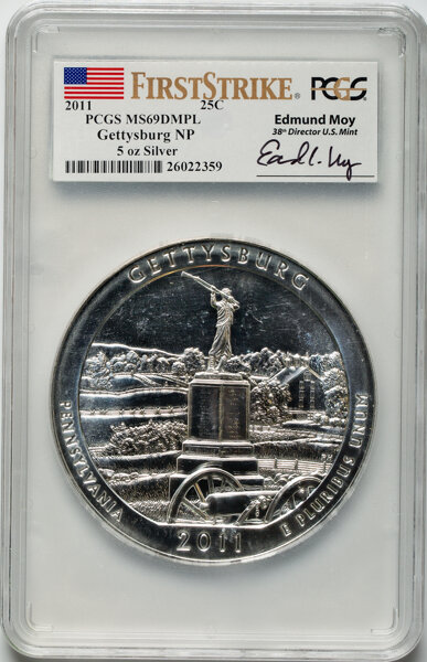 image for: 2011 25C Gettysburg National Park Five-Ounce Silver, First Strike MS69 Deep Mirror Prooflike PCGS. Signature by, Edmund Moy...