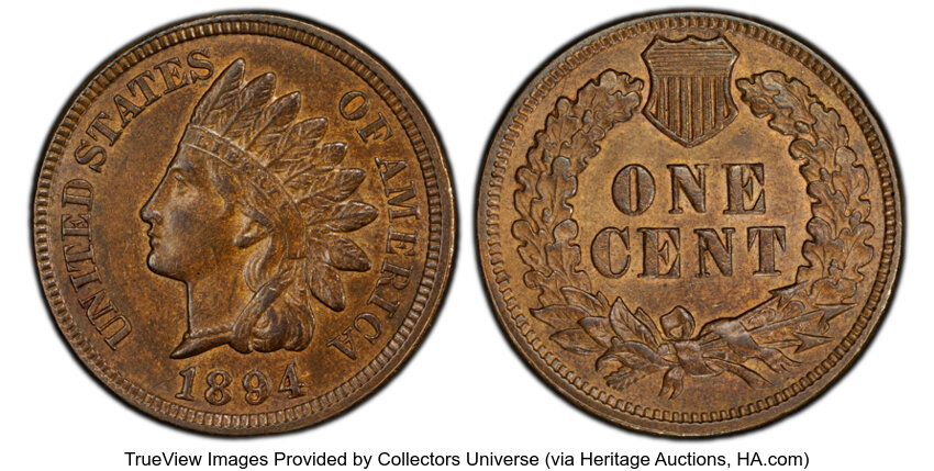 image for: 1894/1894 1C Repunched Date, Snow-1, FS-301, MS62 Brown PCGS....