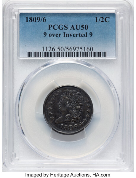 image for: 1809/6 1/2 C 9 Over Inverted 9, C-5, B-5, R.1, AU50 PCGS. Mintage 1,154,572....
