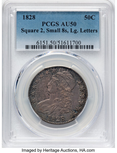 image for: 1828 50C Square Base 2, Small 8s, Large Letters, O-122, R.3, AU50 PCGS....