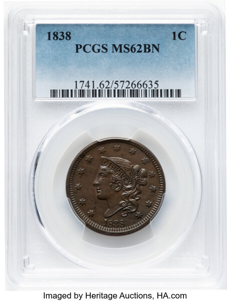 image for: 1838 1C N-1, R.1, MS62 Brown PCGS. Mintage 6,370,200....