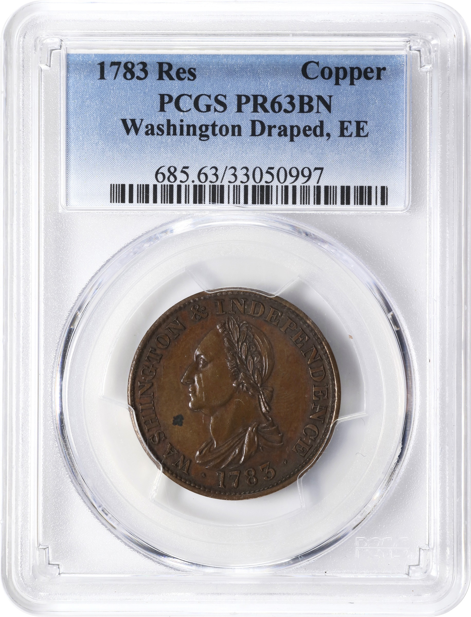 image for: "1783" (ca. 1860) Washington Draped Bust Copper. Restrike. Musante GW-107, Vlack 17-L, Baker-3, W-10360. No Button. Copper. Engrailed Edge. Proof-63 BN (PCGS).