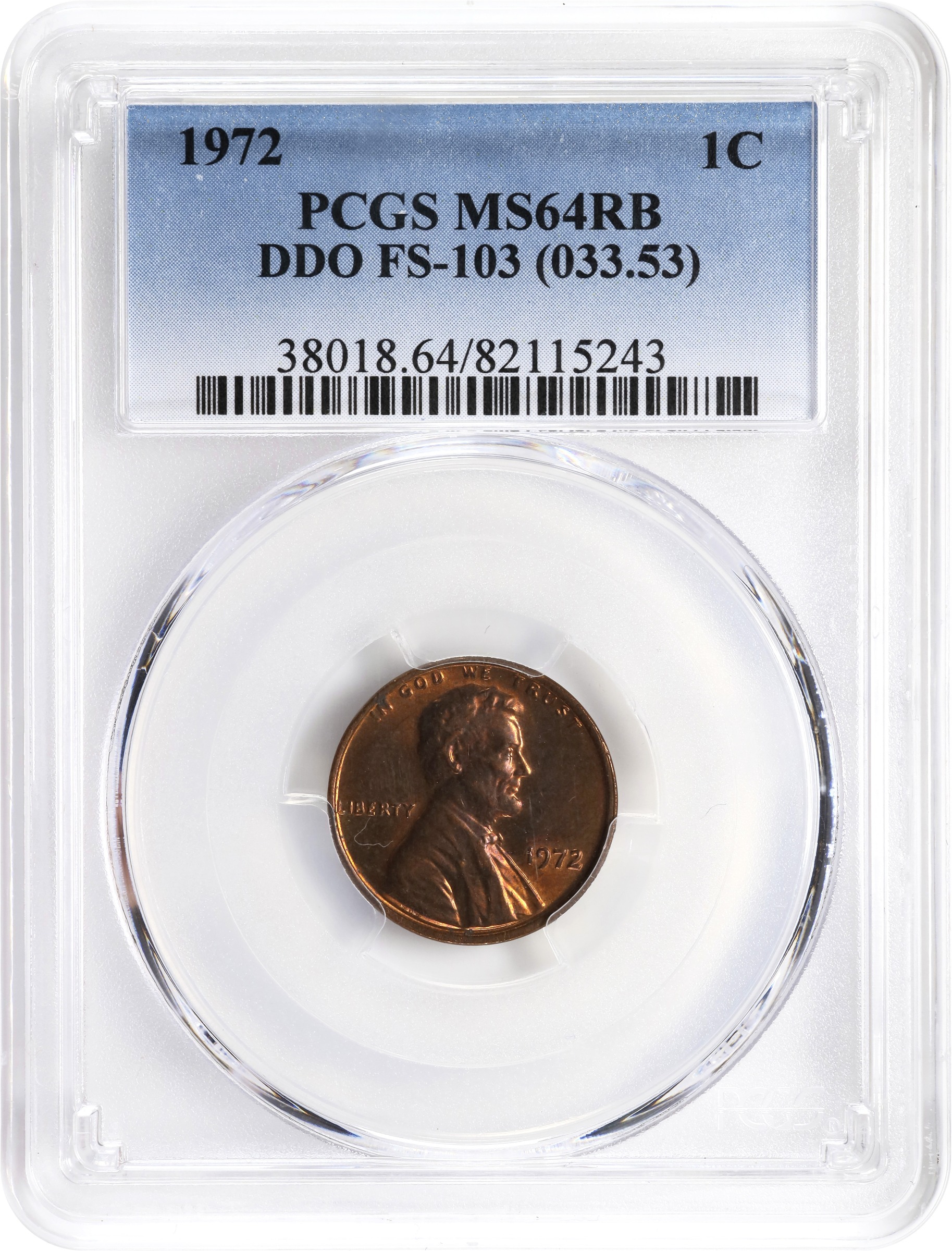 image for: 1972 Lincoln Cent. FS-103. Doubled Die Obverse. MS-64 RB (PCGS).