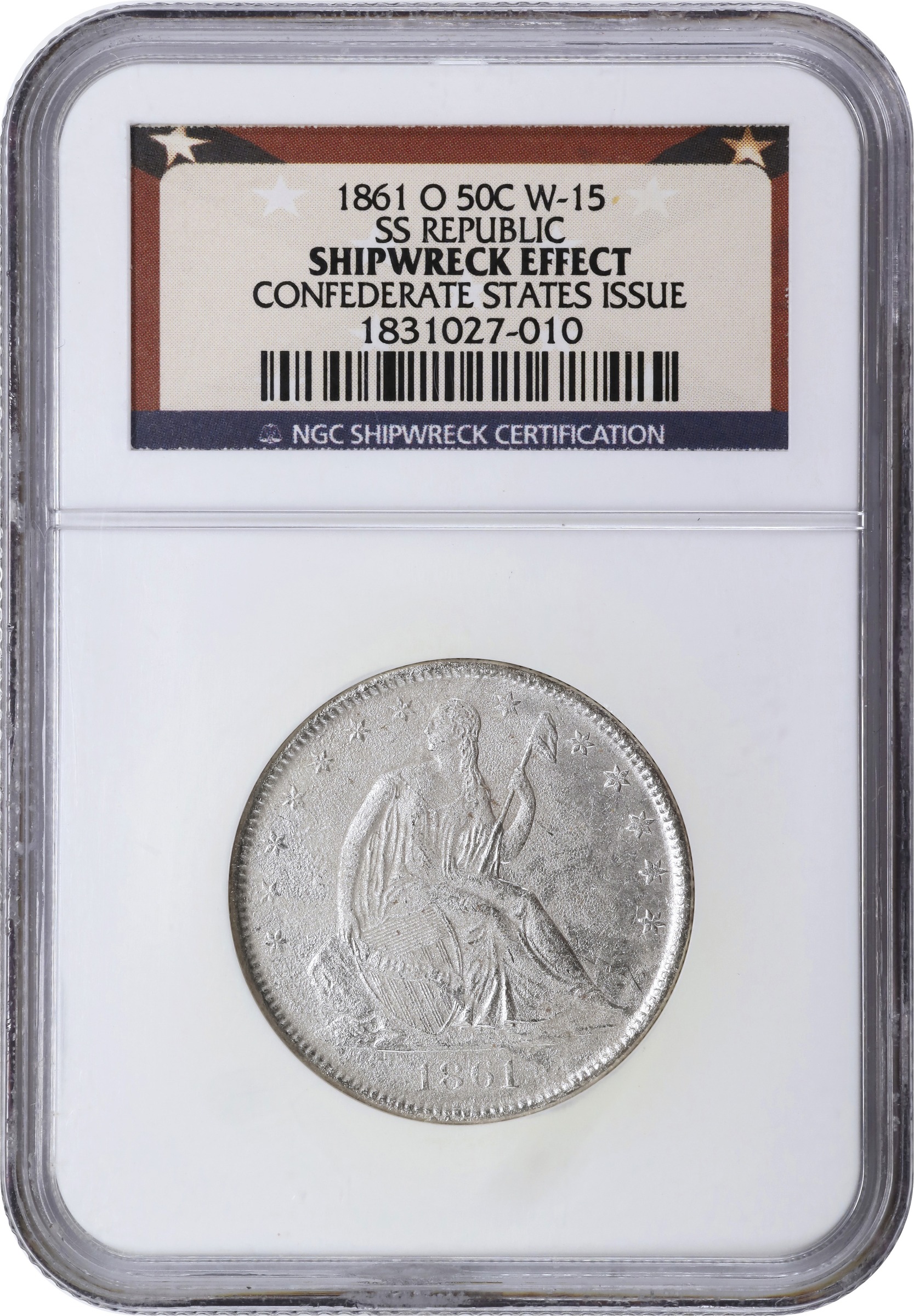 image for: 1861-O Liberty Seated Half Dollar. Confederate States Issue. W-15. Rarity-2. Speared Olive Bud. Shipwreck Effect (NGC).