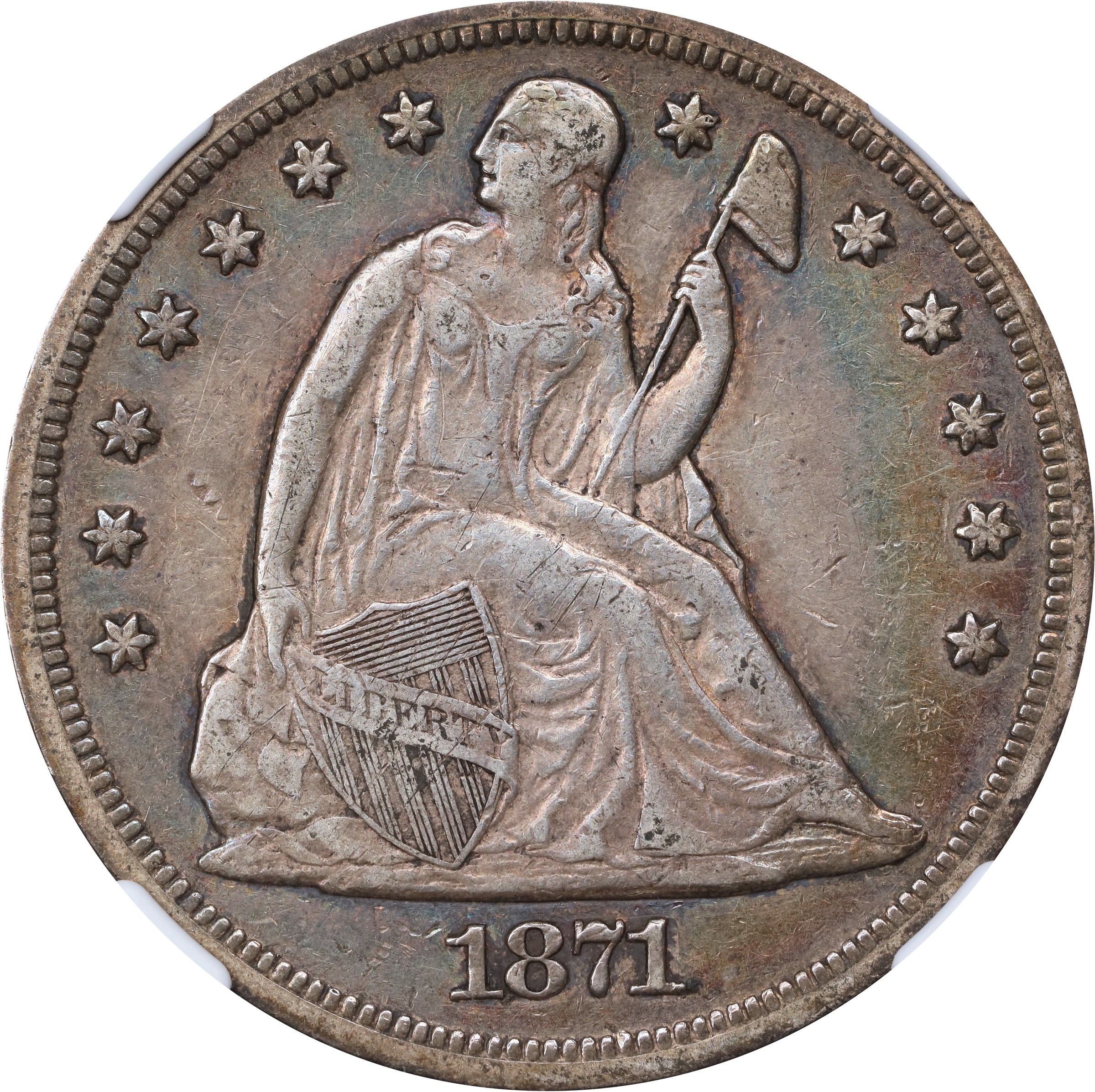 1871 Liberty Seated Silver Dollar. OC-11. Rarity-2. AU-53 (NGC).