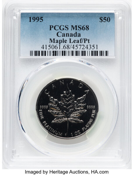 image for: Canada: Elizabeth II platinum "Maple Leaf" 50 Dollars 1995 MS68 PCGS,...