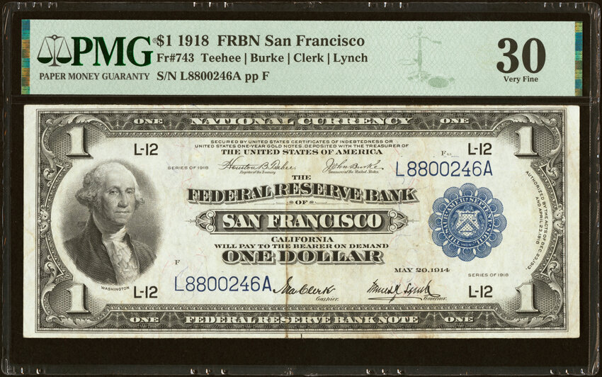 image for: Fr. 743 $1 1918 Federal Reserve Bank Note PMG Very Fine 30....