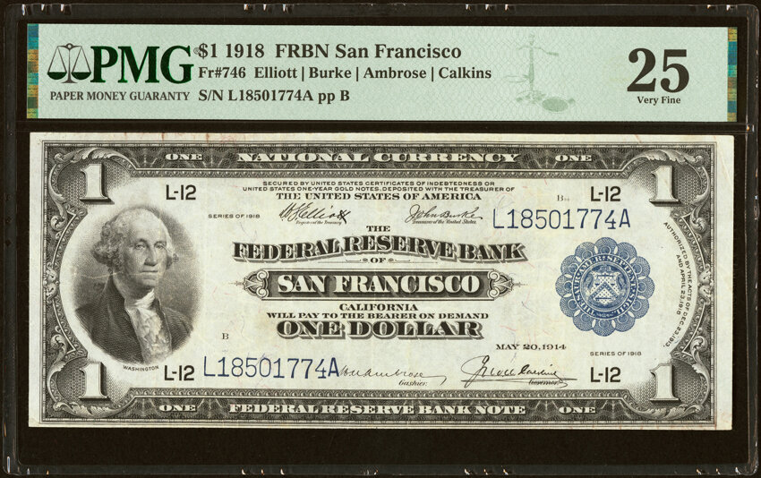 image for: Fr. 746 $1 1918 Federal Reserve Bank Note PMG Very Fine 25....