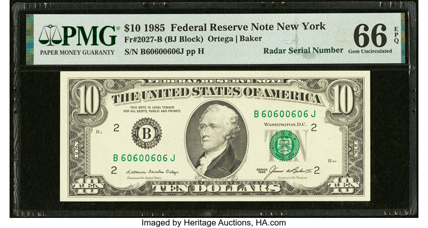 image for: Radar Serial Number 60600606 Fr. 2027-B $10 1985 Federal Reserve Note. PMG Gem Uncirculated 66 EPQ....