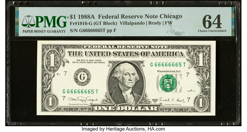image for: Near Solid Serial Number 66666665 Fr. 1916-G $1 1988A Federal Reserve Note. PMG Choice Uncirculated 64....