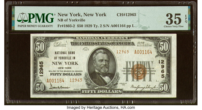 image for: New York, NY - $50 1929 Ty. 2 National Bank of Yorkville Ch. # 12965 PMG Choice Very Fine 35 EPQ....