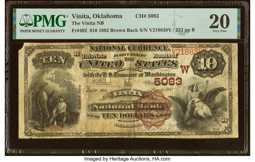 image for: Vinita, OK - $10 1882 Brown Back Fr. 492 The Vinita National Bank Ch. # (W)5083 PMG Very Fine 20....