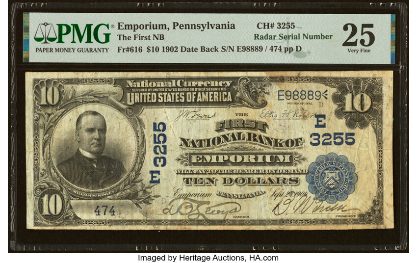 image for: Emporium, PA - $10 1902 Date Back Fr. 616 The First National Bank Ch. # (E)3255 PMG Very Fine 25....
