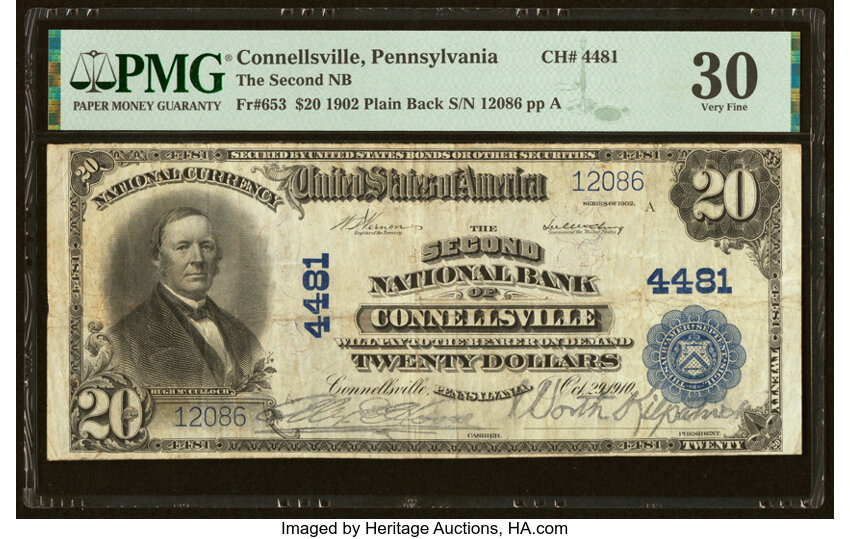 image for: Connellsville, PA - $20 1902 Plain Back Fr. 653 The Second National Bank Ch. # 4481 PMG Very Fine 30....