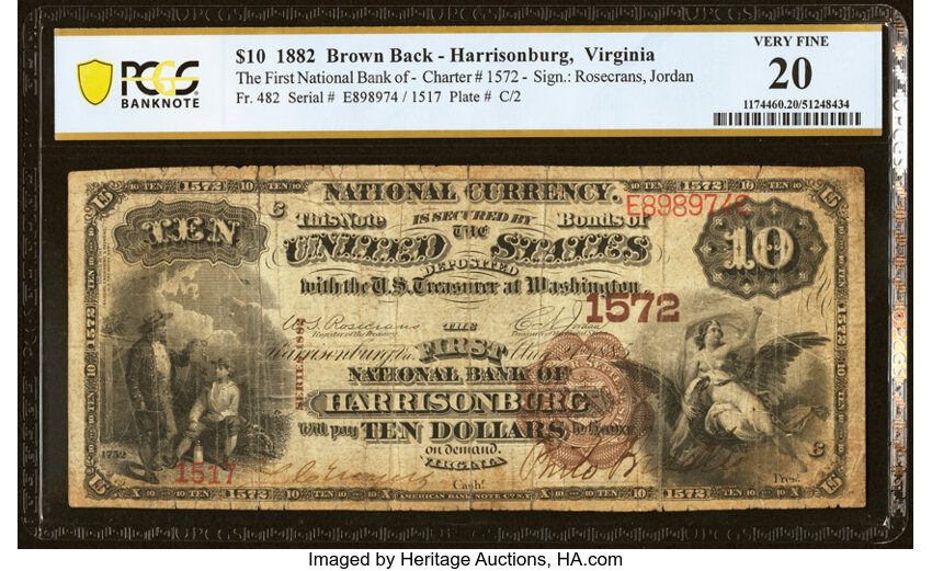 image for: Harrisonburg, VA - $10 1882 Brown Back Fr. 482 The First National Bank Ch. # 1572 PCGS Banknote Very Fine 20....
