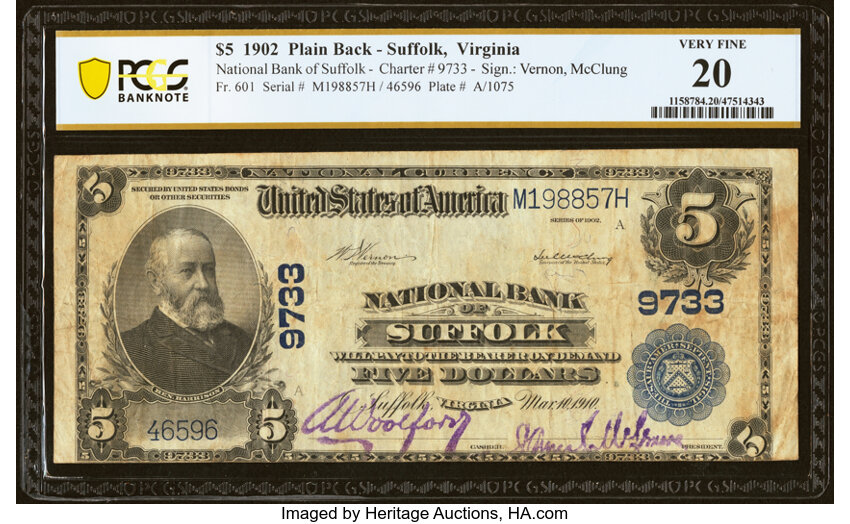 image for: Suffolk, VA - $5 1902 Plain Back Fr. 601 National Bank of Suffolk Ch. # 9733 PCGS Banknote Very Fine 20....