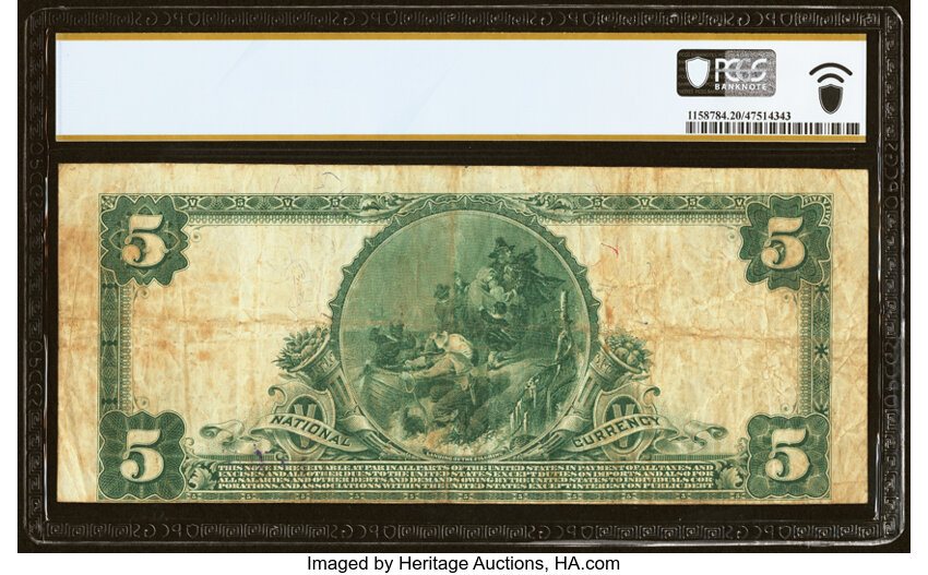 image for: Suffolk, VA - $5 1902 Plain Back Fr. 601 National Bank of Suffolk Ch. # 9733 PCGS Banknote Very Fine 20....