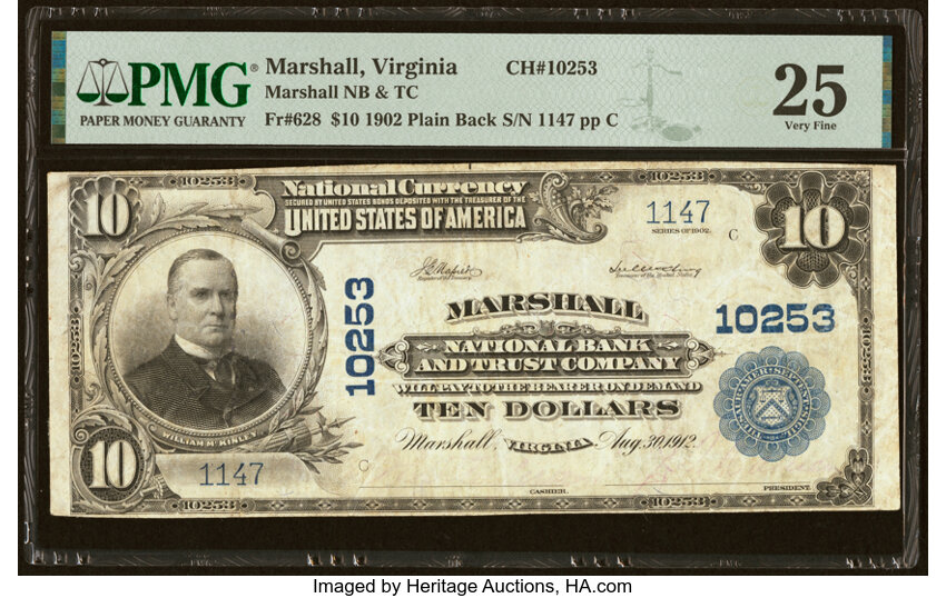image for: Marshall, VA - $10 1902 Plain Back Fr. 628 Marshall National Bank & Trust Company Ch. # 10253 PMG Very Fine 25....