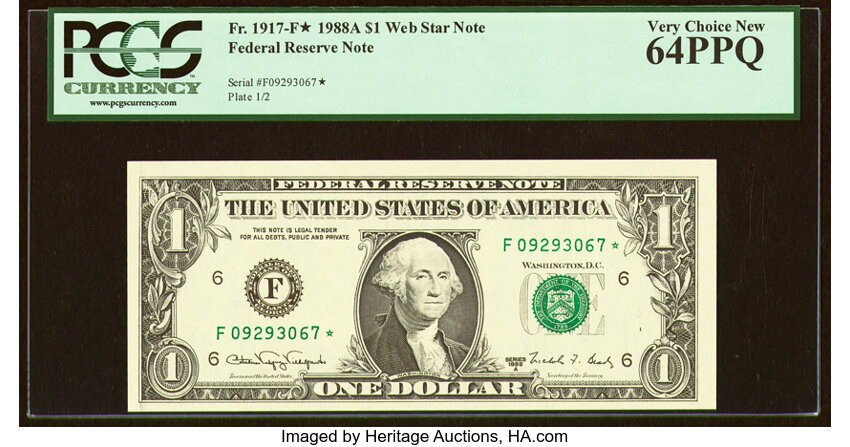image for: Fr. 1917-F* $1 1988A Web Press Experimental Federal Reserve Star Note. PCGS Very Choice New 64PPQ....