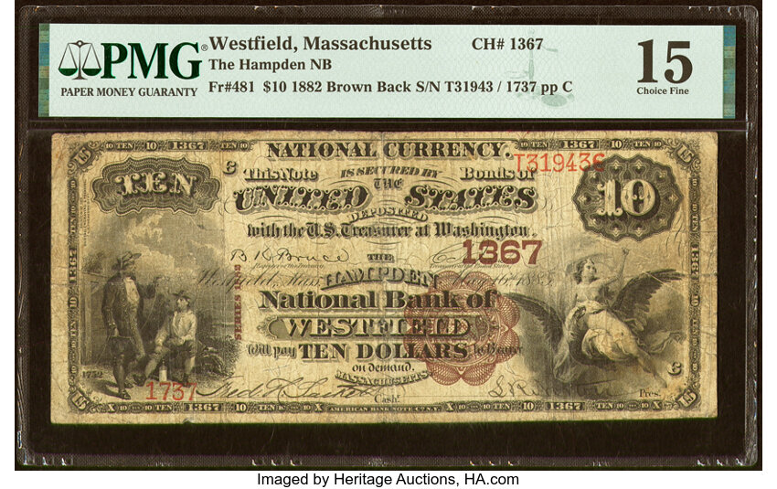 image for: Westfield, MA - $10 1882 Brown Back Fr. 481 The Hampden National Bank Ch. # 1367 PMG Choice Fine 15....