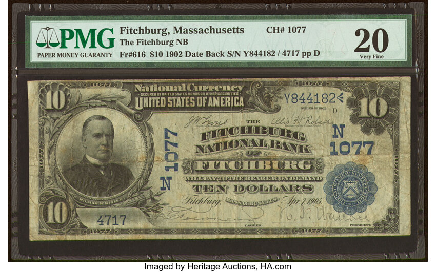 image for: Fitchburg, MA - $10 1902 Date Back Fr. 616 The Fitchburg National Bank Ch. # (N)1077 PMG Very Fine 20....
