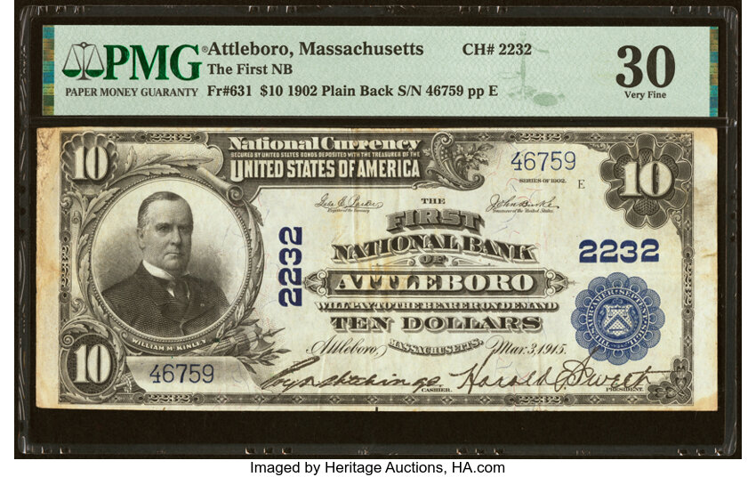 image for: Attleboro, MA - $10 1902 Plain Back Fr. 631 The First National Bank Ch. # 2232 PMG Very Fine 30....