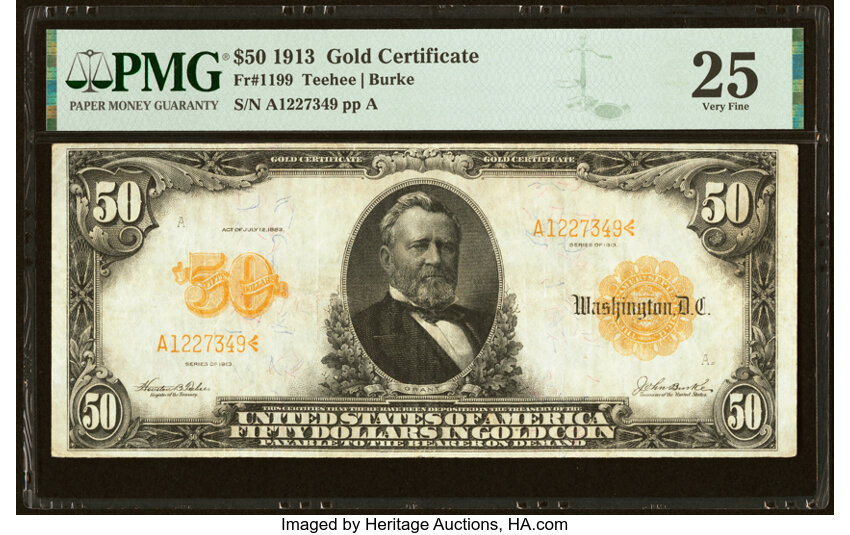 image for: Fr. 1199 $50 1913 Gold Certificate PMG Very Fine 25....
