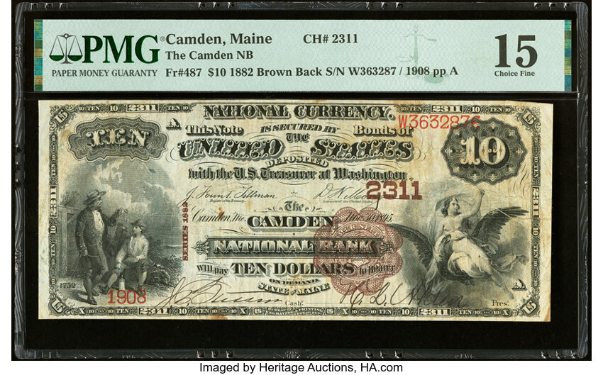 image for: Camden, ME - $10 1882 Brown Back Fr. 487 The Camden National Bank Ch. # 2311 PMG Choice Fine 15....