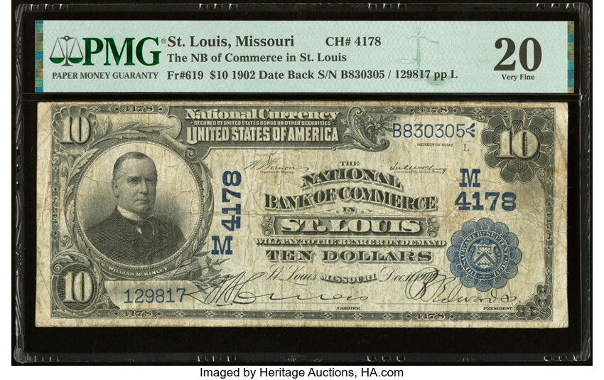 image for: Saint Louis, MO - $10 1902 Date Back Fr. 619 The National Bank of Commerce Ch. # (M)4178 PMG Very Fine 20....