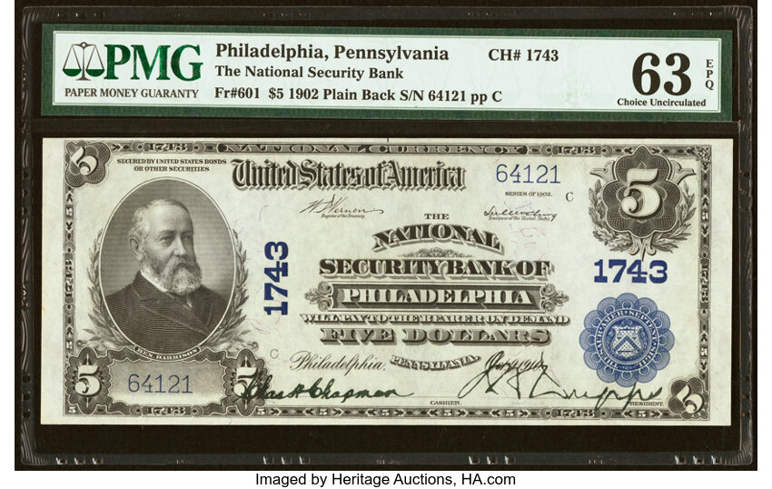 image for: Philadelphia, PA - $5 1902 Plain Back Fr. 601 The National Security Bank Ch. # 1743 PMG Choice Uncirculated 63 EPQ....